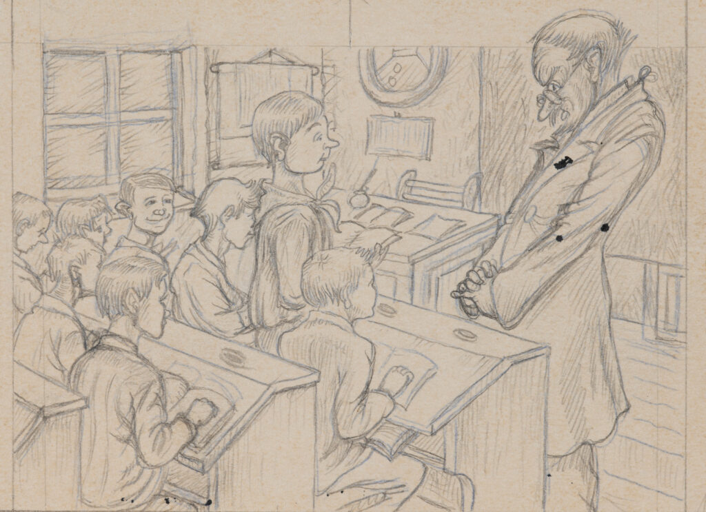 France Podrekar, Skavt Peter pred profesorjem, ilustracija za mladinsko delo Skavt Peter Frana Milčinskega, 1960