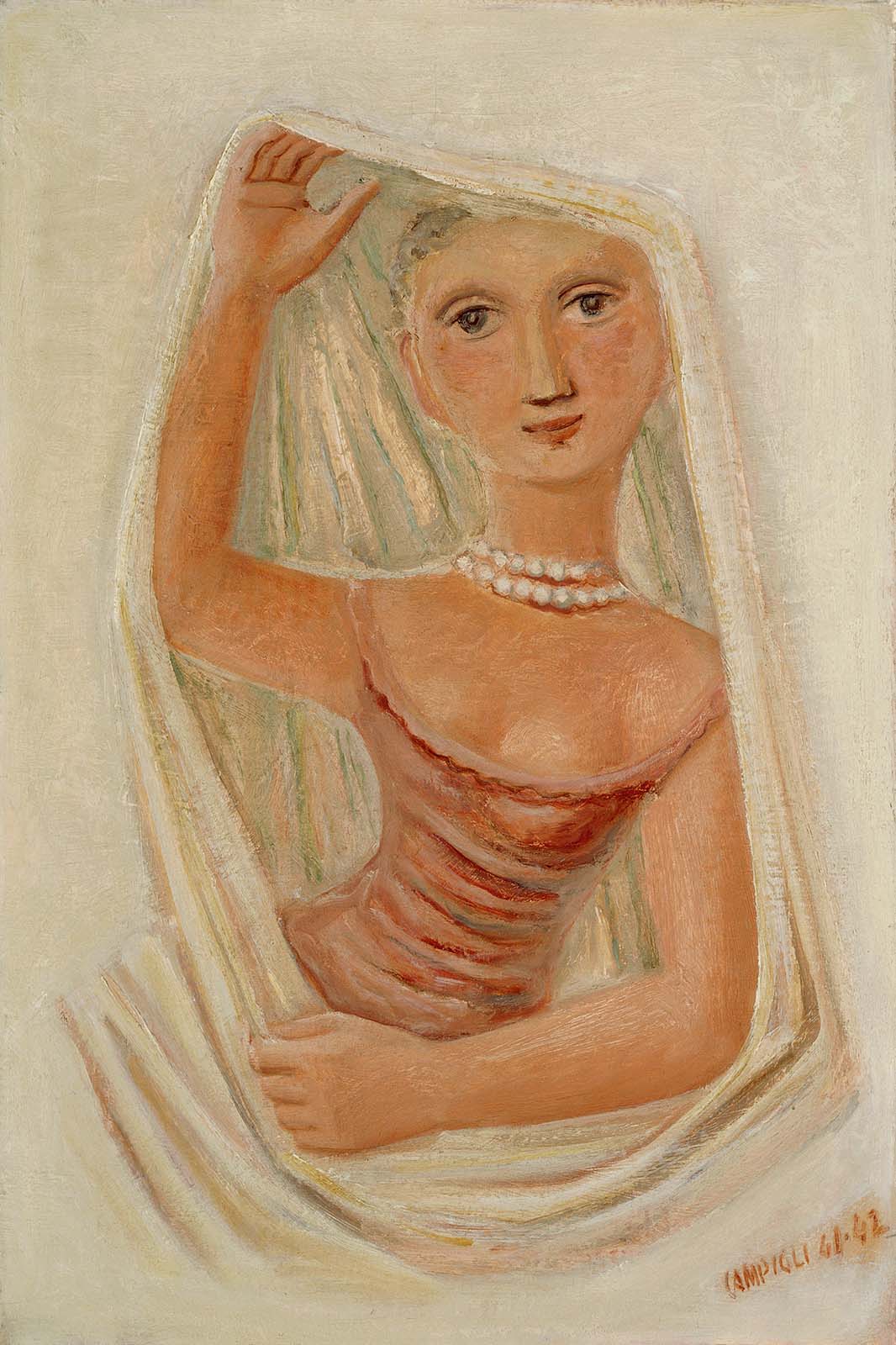 Massimo Campigli, Žena, ki dviga tančico, 1941−1942, olje, platno, 63 x 41 cm