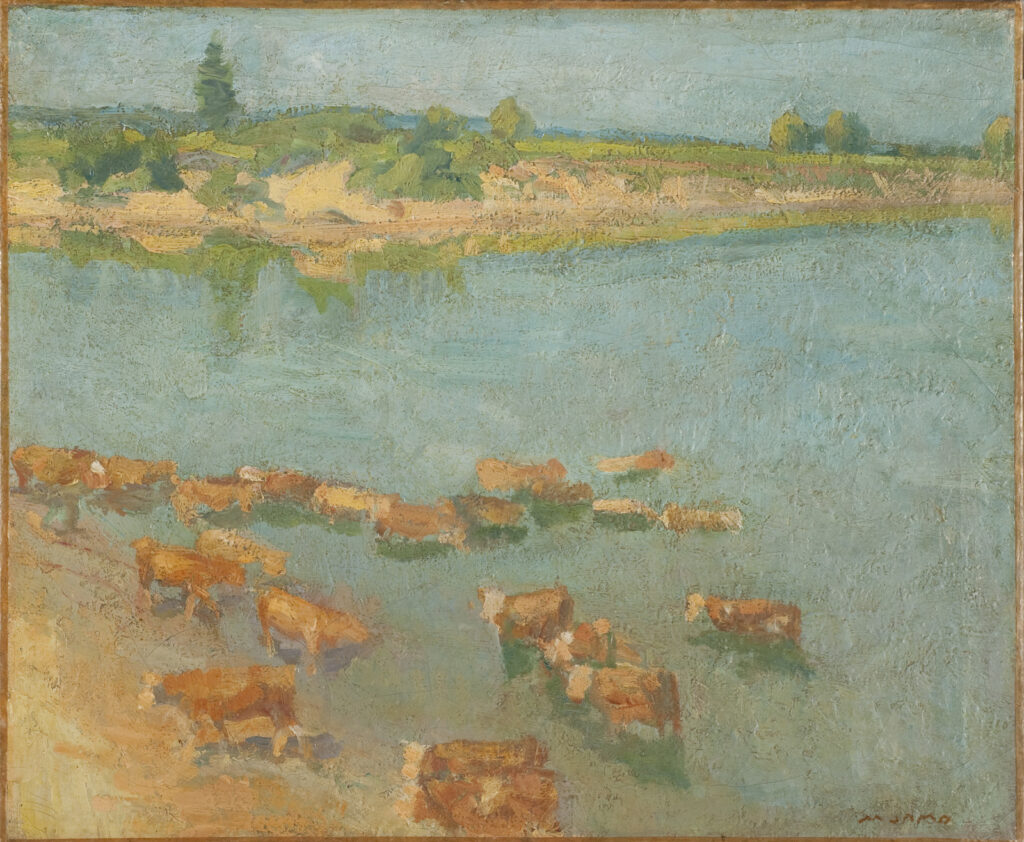 Krave na Kolpi (ok. 1930), olje, platno, 46,5 x 56 cm sign. d. sp.: M JAMA