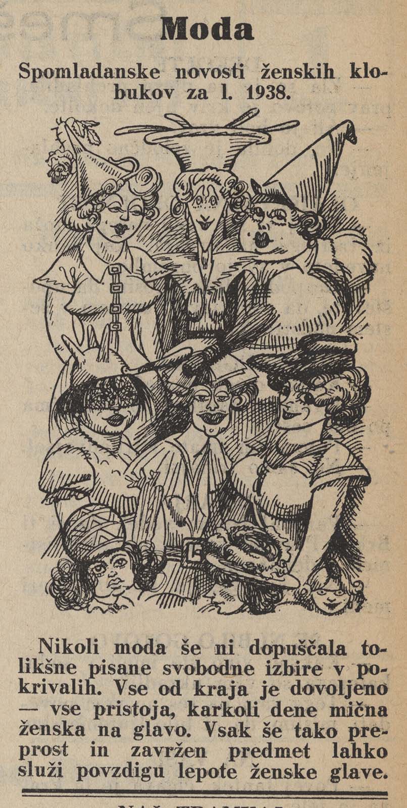 Moda. Spomladanske novosti ženskih klobukov za l. 1938, (1938)