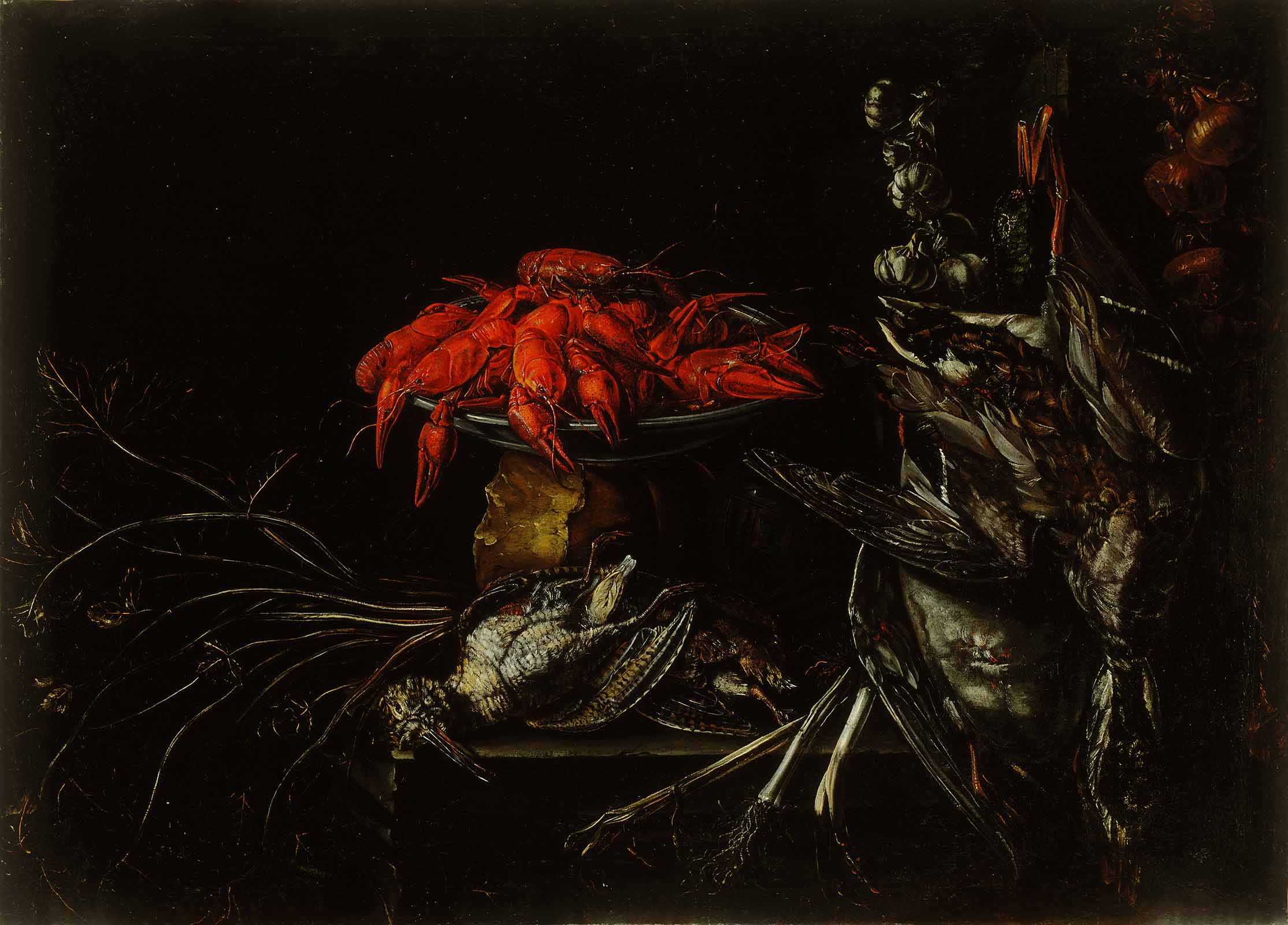 Raki, ustreljene ptice in zelenjava, (ok. 1662), olje, platno, 87 x 119,5 cm